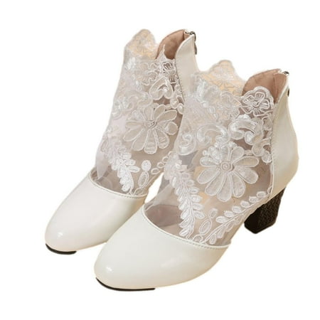 

TUOBARR Heels for Women Women s Solid Shoes Mid Heel Casual Sandals Flowers Zipper Breathable High Heel Boots White