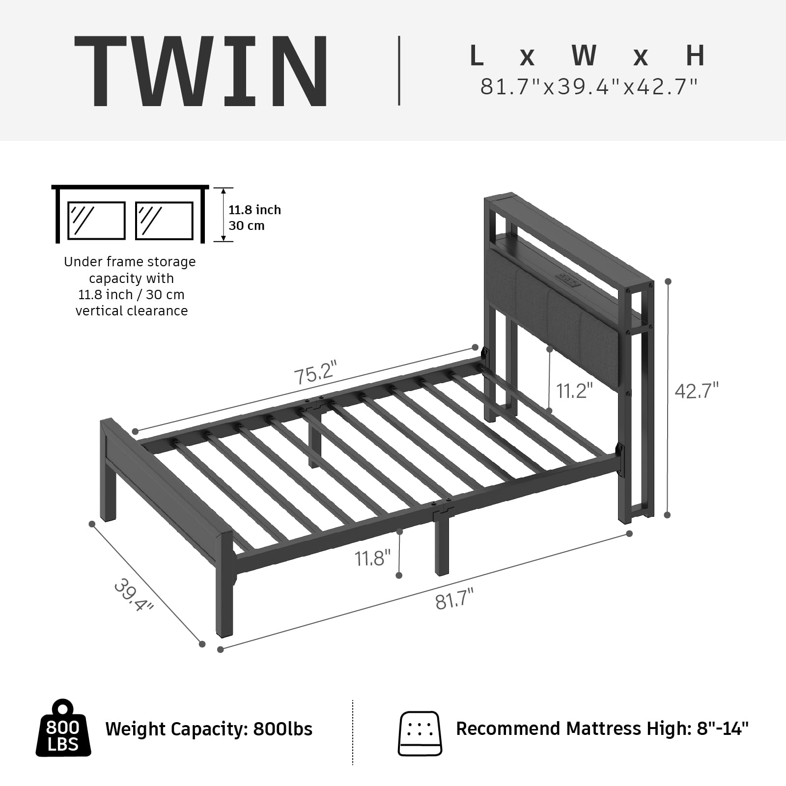 Twin Size Bed Frame with Storage Headboard, Metal Platform Bed with LED Lights & Charging Station, Heavy Duty Metal Slats, Gray