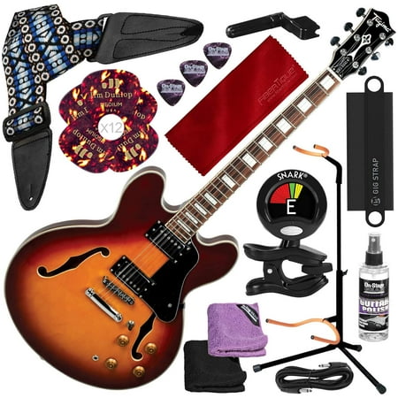 Tagima Jazz N Blues Series Blues3000 Guitare à corps creux Sunburst avec  support de guitare, accordeur, médiators et kit d'accessoires de luxe 