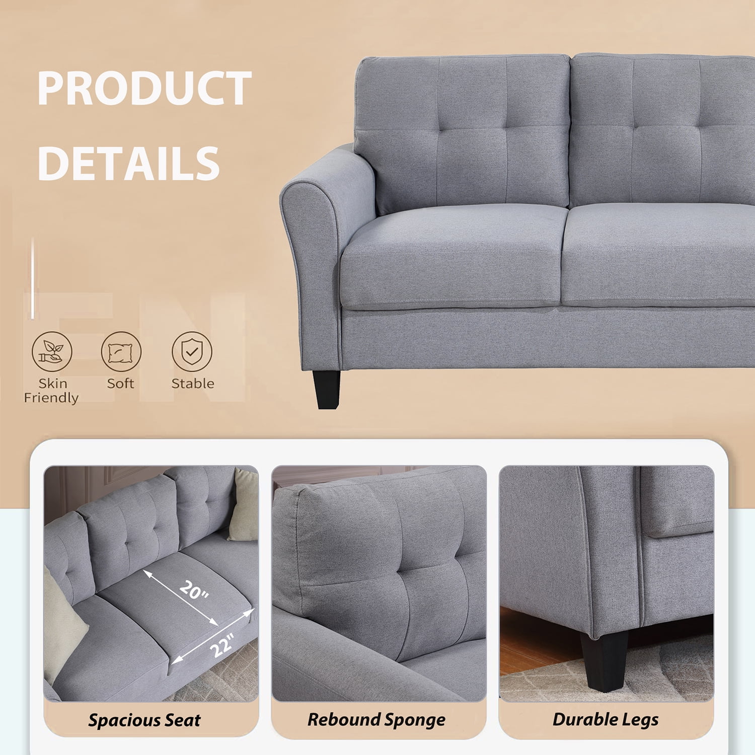 Kadyn 79.9" Modern Living Room Sofa, Upholstered Couch Furniture for Living Room, Linen 3-Seat Sofa for Office, Light Grey-Blue Kadyn 79.9" Modern Living Room Sofa, Upholstered Couch Furniture for Living Room, Linen 3-Seat Sofa for Office, Light Grey-Blue