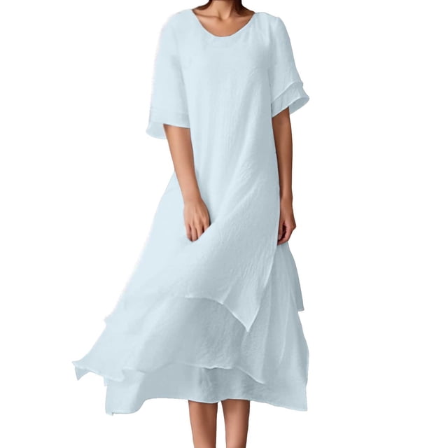 Vestido informal de manga corta y cuello redondo liso para mujer: doble capa con abertura, corte holgado, para el día a día, fiestas y ocasiones elegantes