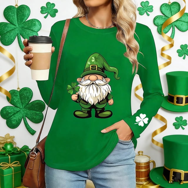 TaTaai Women St. Patrick's Day Print Casual Loose Round Neck Long Sleeve T-Shirt Fashion Soft Top Lightweight for Daily Party Office Vacation Gift