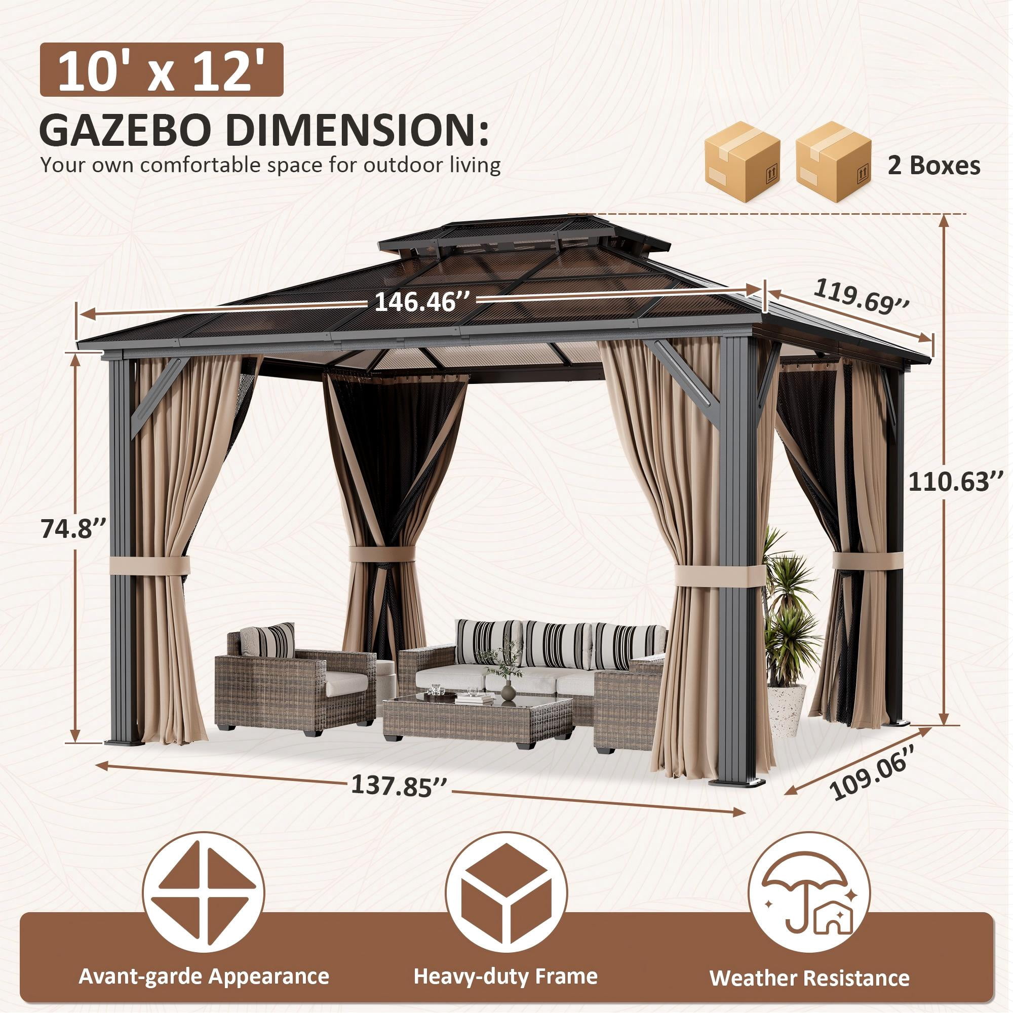 NETAJE 10x12 FT Hardtop Gazebo, Heavy Duty Gazebo with Aluminum Frame and PC Panel Double Roof, Outdoor Permanent Pavilion W/Curtain and Netting for Patio, Backyard, Lawn