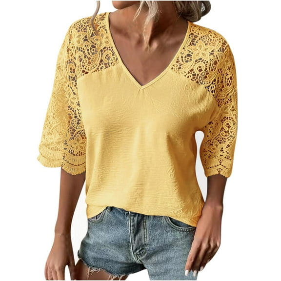 Wycnly Cute Tops for Women Solid V-Neck Short Sleeve T shirts Summer Elegant Lace Patchwork Plus Size Loose Pullover Blouses Yellow xxxxl