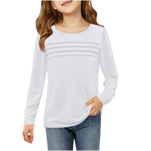Girls Pleated Front Long Sleeve Shirts Kids Casual Crewneck T Shirts Tops Soft Stretch Tee Tops 5-14 Years