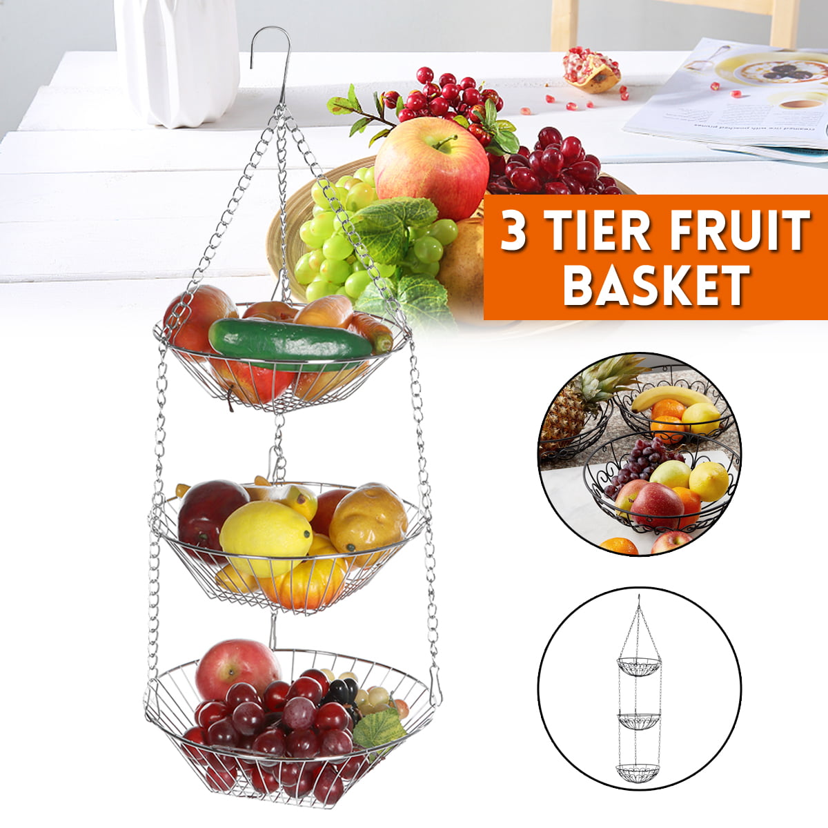 3 Tier Wire Hanging Basket Fruit Holder Vegetable Rack Kitchen Storage