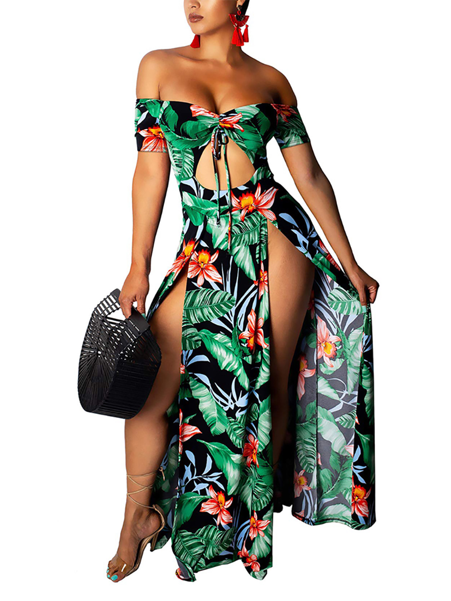 Leirke Womens Summer Maxi Dress Casual Boho Floral Deep V Neck Sleeveless Irregular Ruffle Hem Split Beach Long Dresses