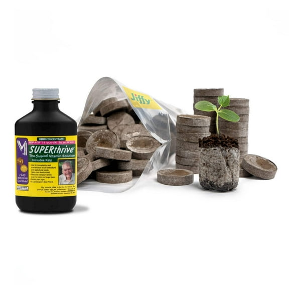 100 Count- Jiffy 36 MM Peat Soil Pellets Seeds Starting Plugs: Indoor Seed Starter and SUPERthrive Plant Vitamin Solution with Kelp, 4 Oz.