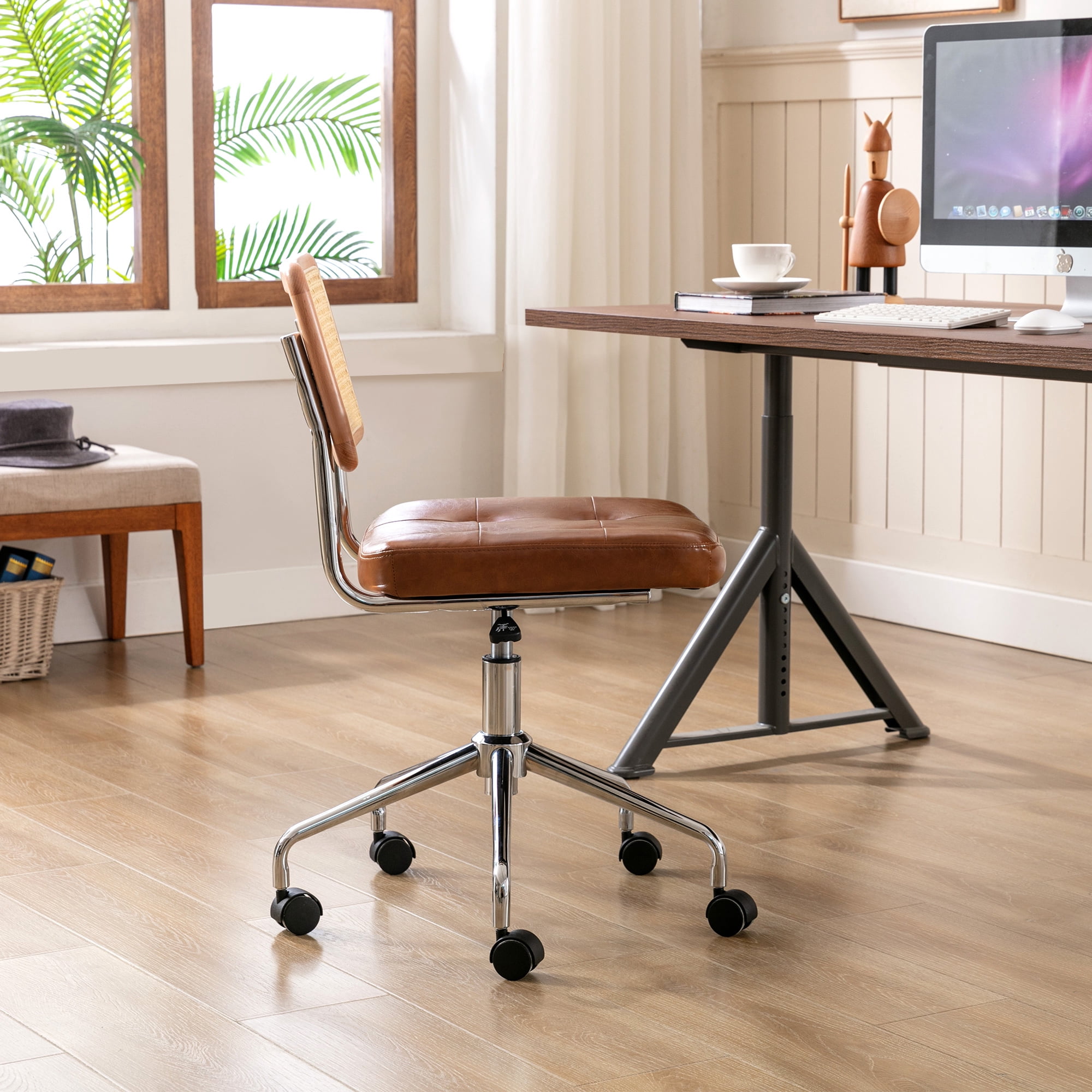 Zesthouse Mid Century Faux Leather Home Office Chair with Rattan Back, 360° Swivel Upholstered Desk Chair on Wheels, Tufted Computer Task Chair for Living Room & Office Room, Brown