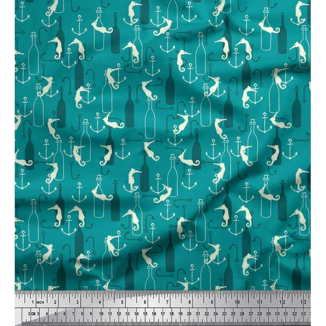 Soimoi Poly Georgette Fabric Bottle,Anchor Hook & Sea Horse Ocean Decor Fabric Printed Yard 42 Inch Wide