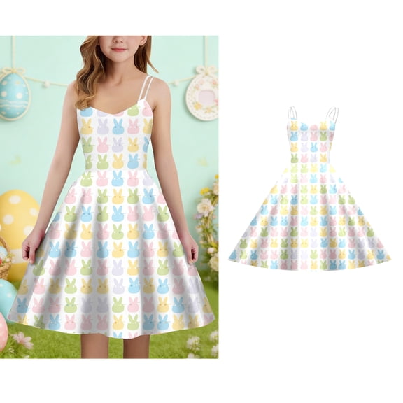 Easter Dress Girls Cute Print Spaghetti Strap A-Line Dress Girls Beach Dress Size 9-10 Years Girls Dress