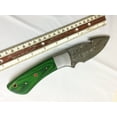 thumbnail image 2 of 9.5" long Damascus steel Gut hook skinning knife, Full tang Rain drop pattern straight back blade, Green colored wood scale with steel bolster, includes Cow hide Leather sheath (Green Wood), 2 of 7