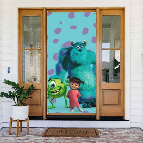 Door Cover Decor Monsters Inc Banner Composition Wall Door Decor Porch Sign for Porch Party Indoor Outdoor 72.8 x 35.4 Inch