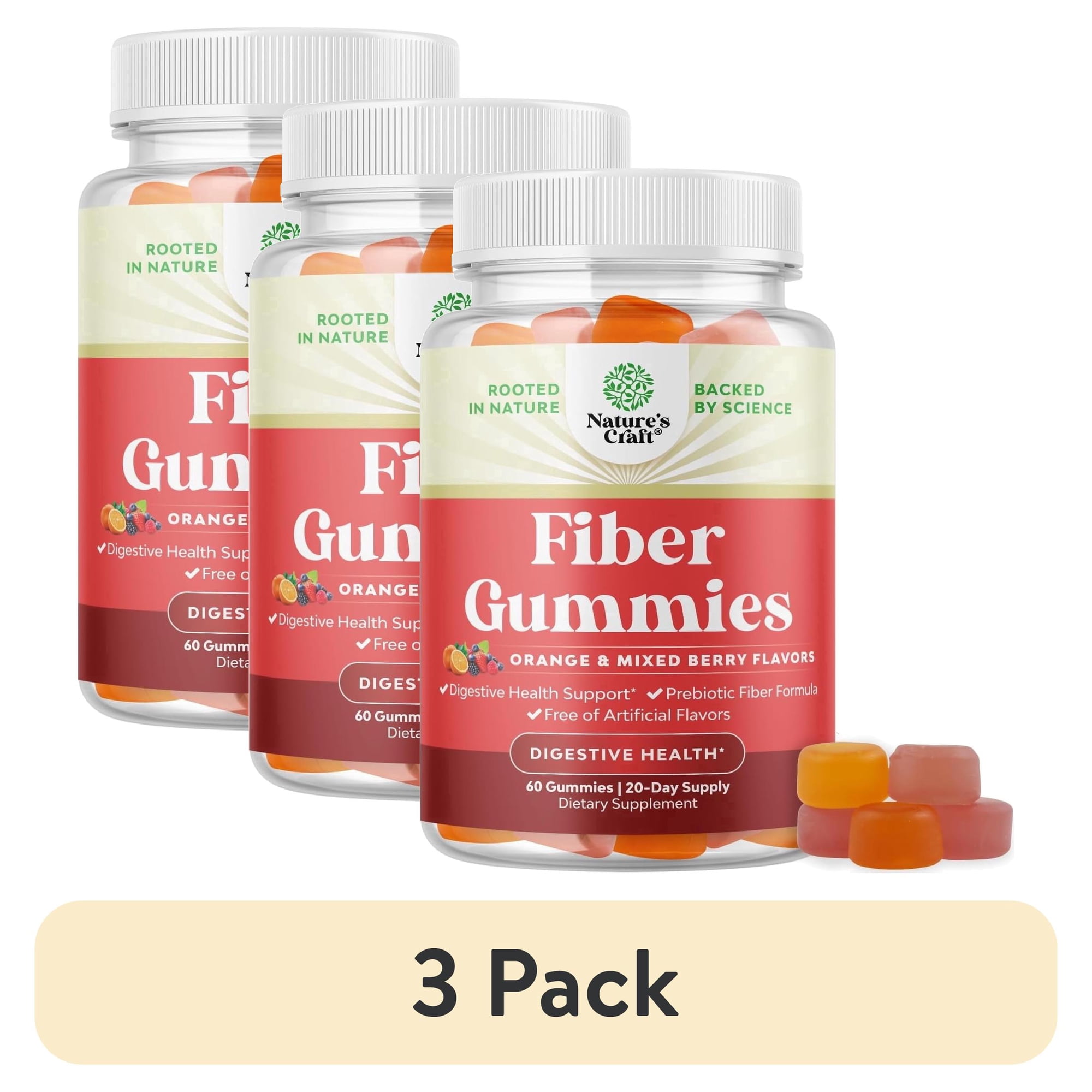(3 pack) Natures Craft Prebiotic Fiber Gummies for Adults, Orange and Mixed Berry, 60 Count