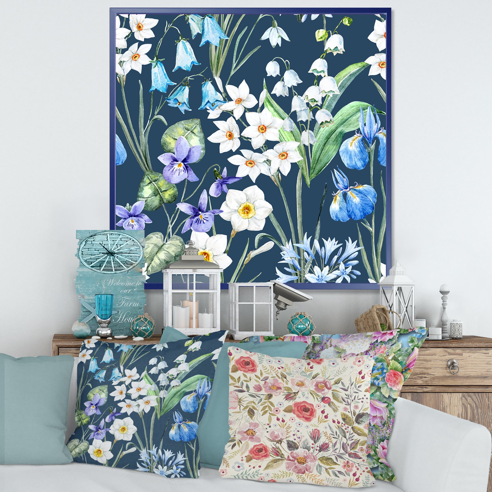 Designart 'Blue and White Spring Flowers On Dark Blue' Traditional Framed Canvas Wall Art Print