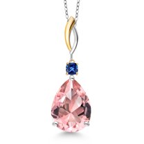 925 Silver and 10K Yellow Gold Peach Nano Morganite and Blue Created Sapphire Pendant Necklace for Women | 10.69 Cttw | Gemstone October Birthstone | Pear Shape 18X13MM | With 18 inch Chain