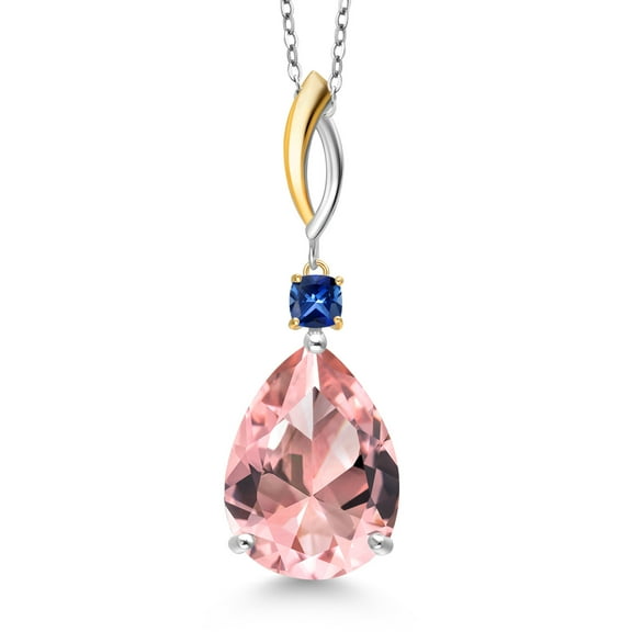 925 Silver and 10K Yellow Gold Peach Nano Morganite and Blue Created Sapphire Pendant Necklace for Women | 10.69 Cttw | Gemstone October Birthstone | Pear Shape 18X13MM | With 18 inch Chain