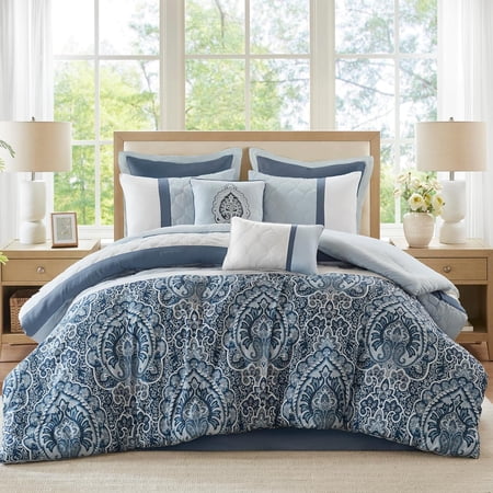 Luxe Quilted Comforter Set Blue Shawnee Scrollwork Queen Bedding Ensemble