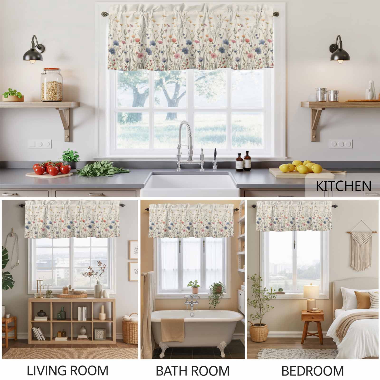 2 Pack Floral Valance for Window Watercolor Leaves Colorful Daisy Linen Background Kitchen Valance Rod Pocket Short Curtain Topper Decorative Window Treatment for Living Room Bedroom 54"x18"