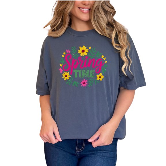 Spring Time Floral Graphic Tee, Cute Spring Shirt, Colorful Flowers T-shirt, Fun Casual Wear, Cheerful Nature Top, Summer Outfit, Denim Comfort Colors T-Shirt, Small