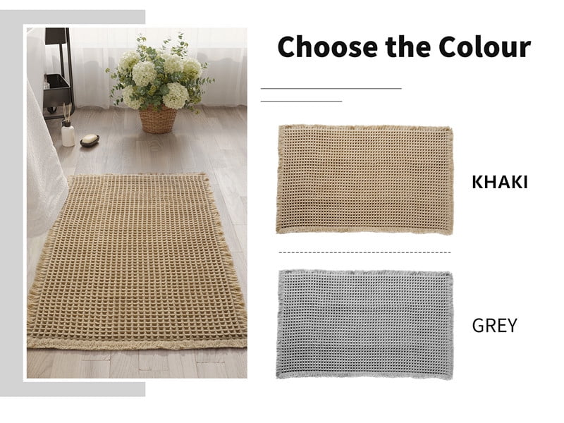Upgraded Waffle Bath Mat, Super Absorbent Non Slip Bath Mats for Bathroom Floor, Machine Washable Bathroom Rugs with Tassels, Rubber Backed Bathroom Mats, Ultra Soft, 17" x 24", Khaki