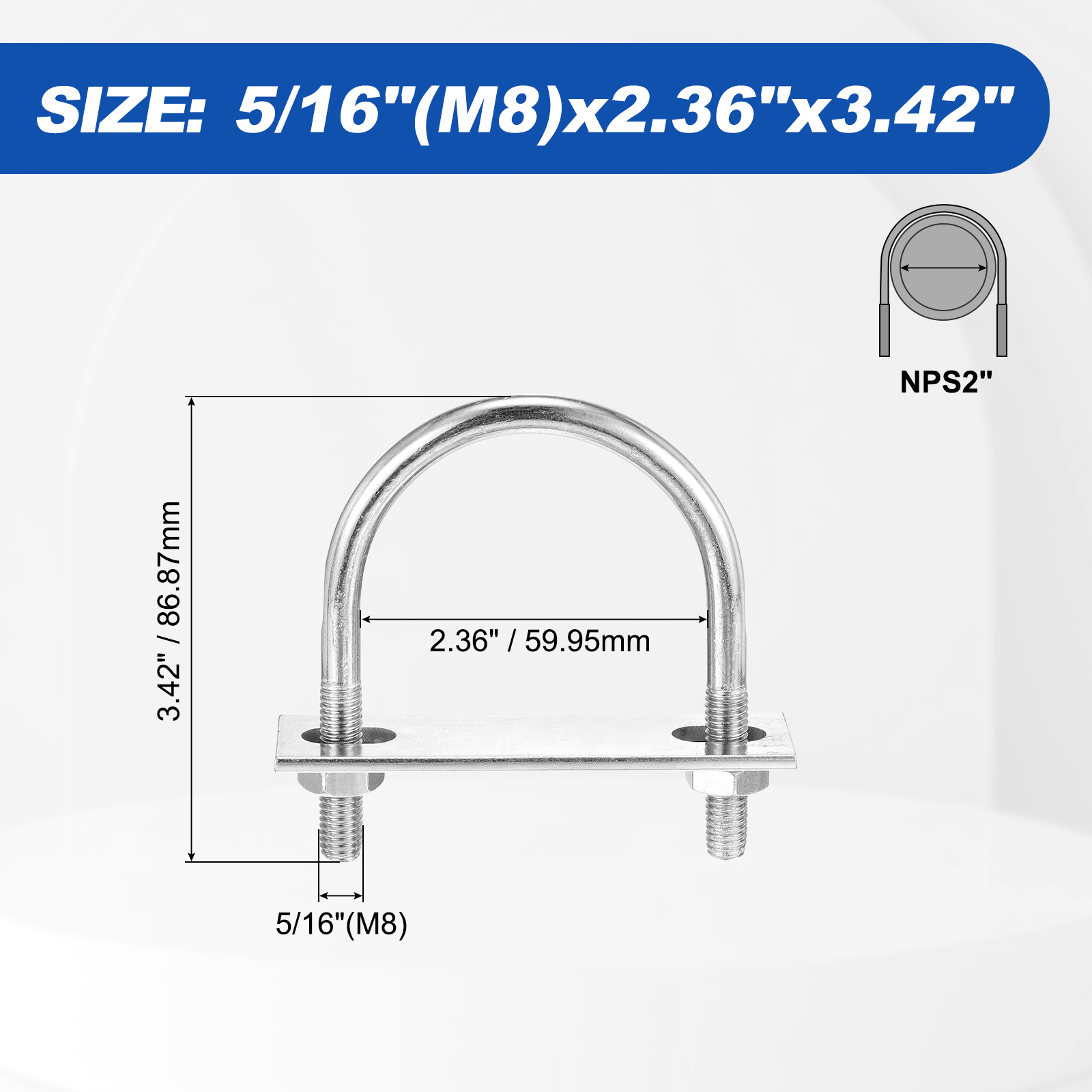 U Bolts 4 Sets (5/16"(M8)x2.36"x3.42"), Round U Bolt Kits 304 Stainless Steel with Accessories - for Construction, Pipe, Trailer, Automotive, Leaf Spring Fastener