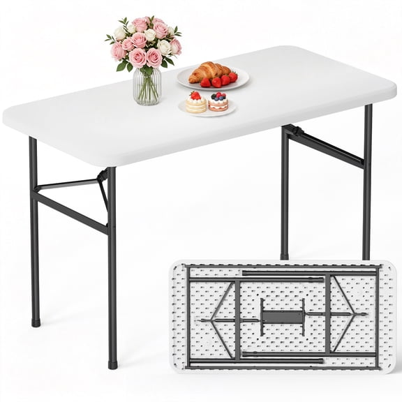 WASUHE 4 Ft White Plastic Folding Table, Portable Long Foldable Table for Indoor/Outdoor Events, Picnics, Camping, Parties & Trade Shows