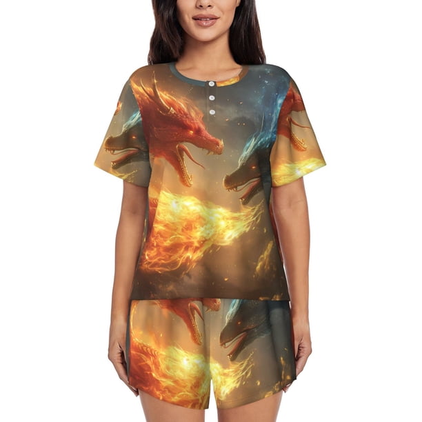 Fotbe Red And Blue Fire Dragon B Conjunto de Pijama Estampado para Mujer, 2 Piezas, Ropa de Dormir con Camiseta de Manga Corta y Shorts Suaves-Large