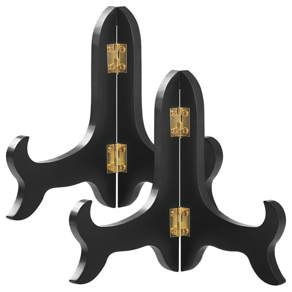2 Pack Foldable Wooden Plate Stands for Display, Classic Black 10 Inch, Fits 34-38 cm Items, Elegant Gold Hinges, Ideal for Plates, Artwork, and Collectibles