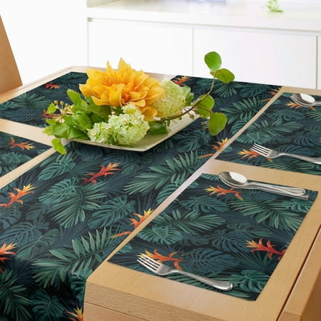 

Vintage Palm Table Runner & Placemats Dark Tones Pattern of Guzmania Flowers and Leaves Pattern Set for Dining Table Decor Placemat 4 pcs + Runner 14 x72 Dark Green Multicolor by Ambesonne