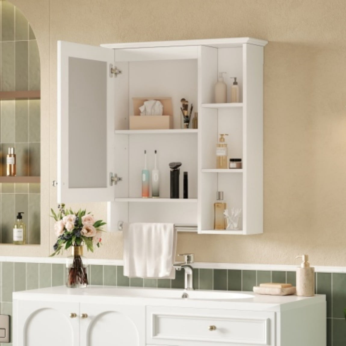 24" Wall Mounted Medicine Cabinet with Mirror, Bathroom Storage Cabinet with Adjustable Shelf, Soft Close Door & Towel Bar, Modern Over Toilet Organizer, White