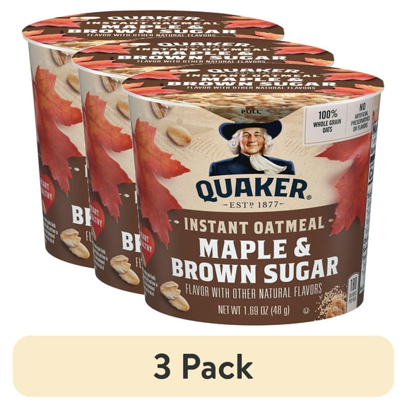 (3 pack) Quaker Maple & Brown Sugar Flavored Instant Oatmeal, 1.69 oz Cup, 1 Count