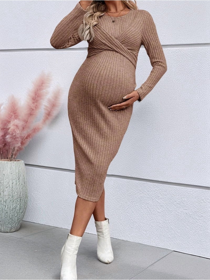 Long Sleeve Maternity Sweater Dress for Fall Winter, Knit Ribbed Maternity  Bodycon Dress Brown XL - Walmart.com