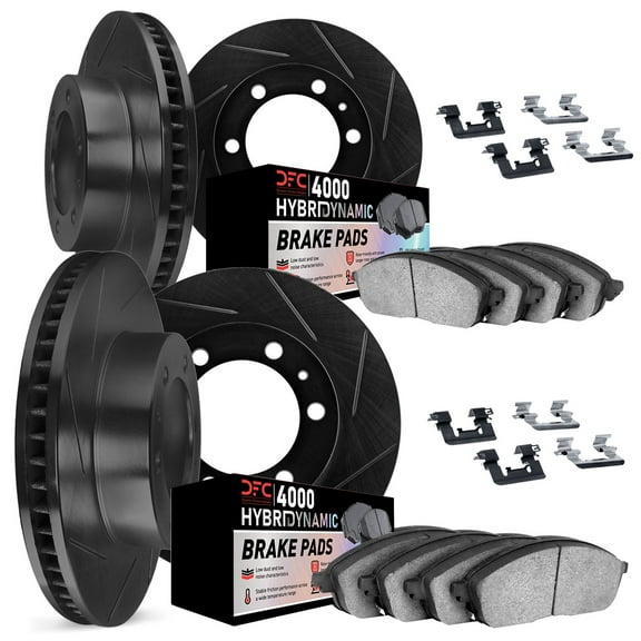 Dynamic Friction Company Front and Rear Brake Rotors Kit Slotted Black | 4000 HybriDynamic Brake Pads includes Hardware 3814-54123