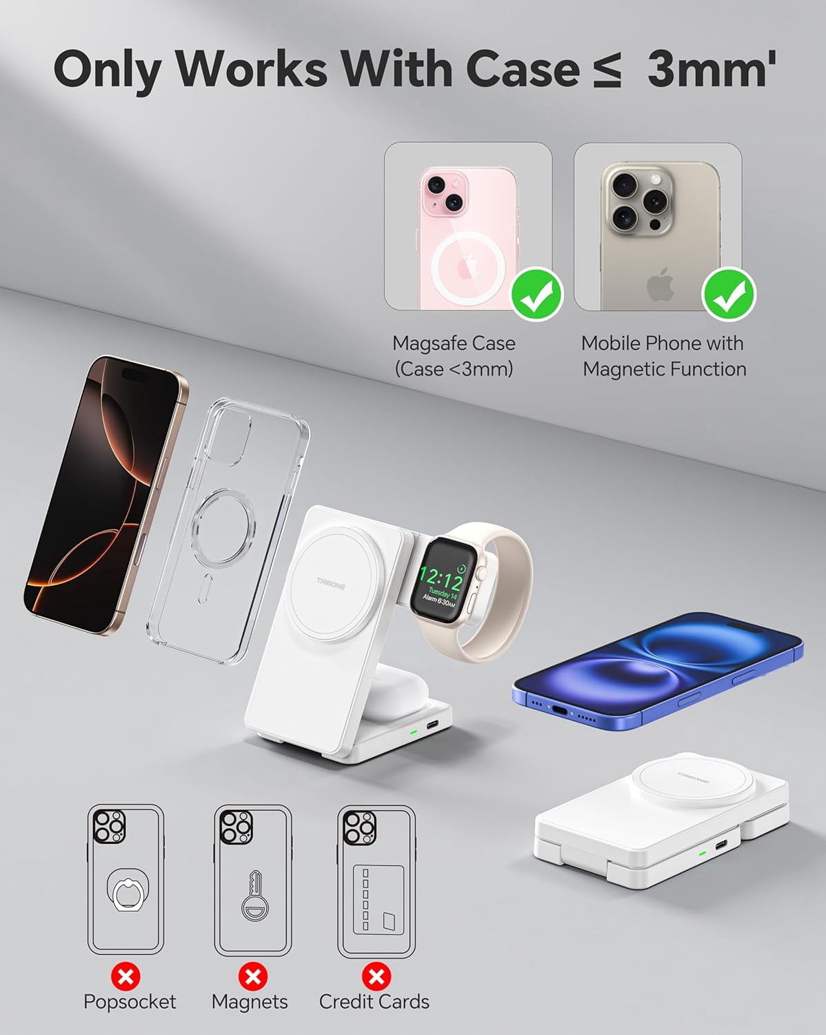 3 in 1 Charging Station for iPhone 17/16/15/14/13/12 Series, Wireless Charger for Apple Watch，Travel Magnetic Charging Stand for AirPods (White)