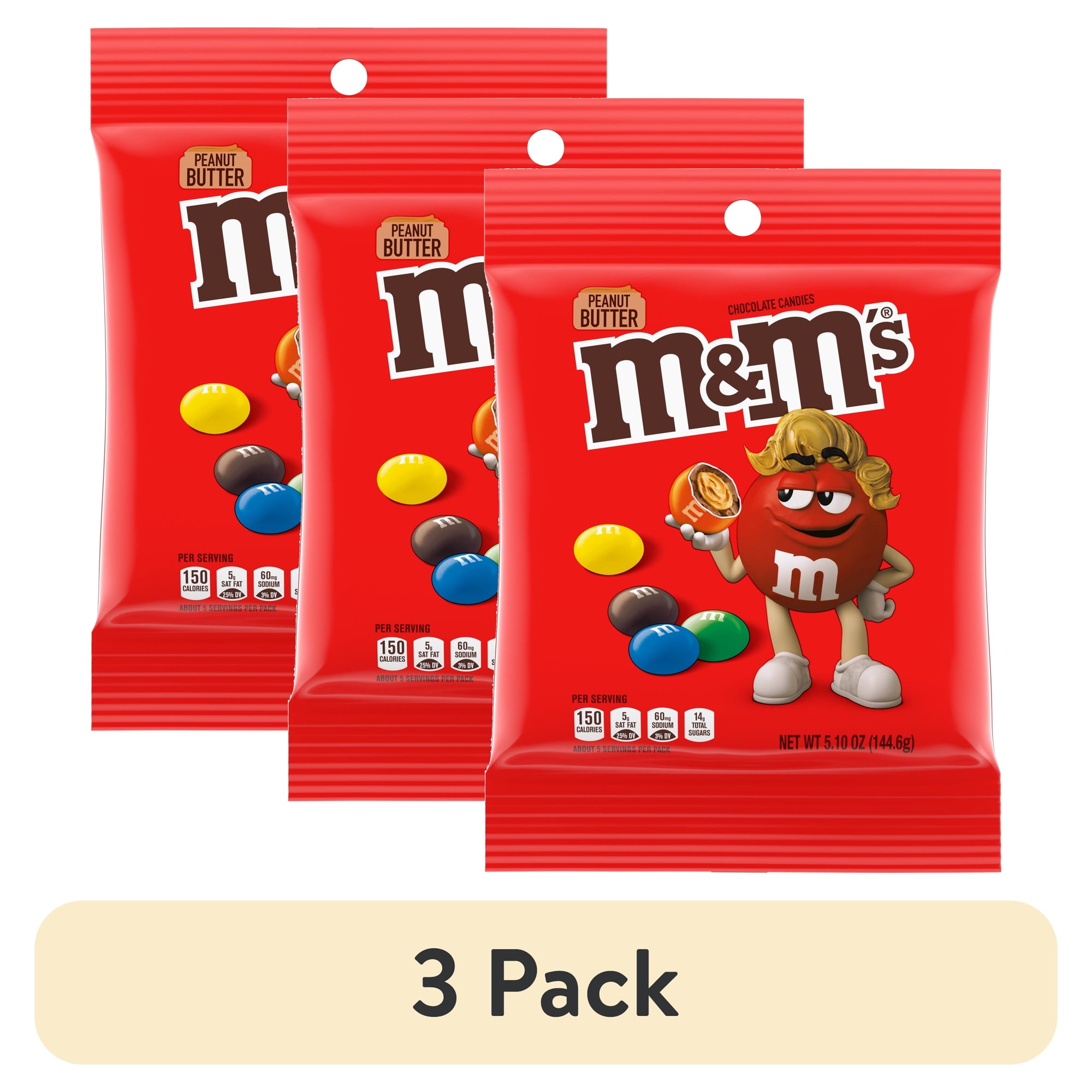 (3 pack) M&M s Peanut Butter Milk Chocolate Candy 5.1 oz Plastic Bag