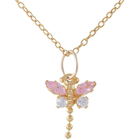 Girls' Pink and Clear CZ Dragonfly 18kt Gold Over Sterling Silver Pendant