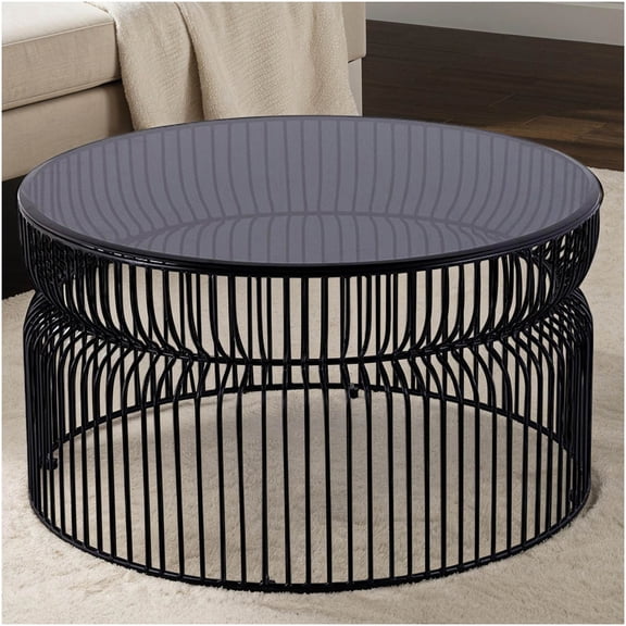 Modern Round Coffee Table with Tinted Glass Top & Metal Base for Living Room, Black