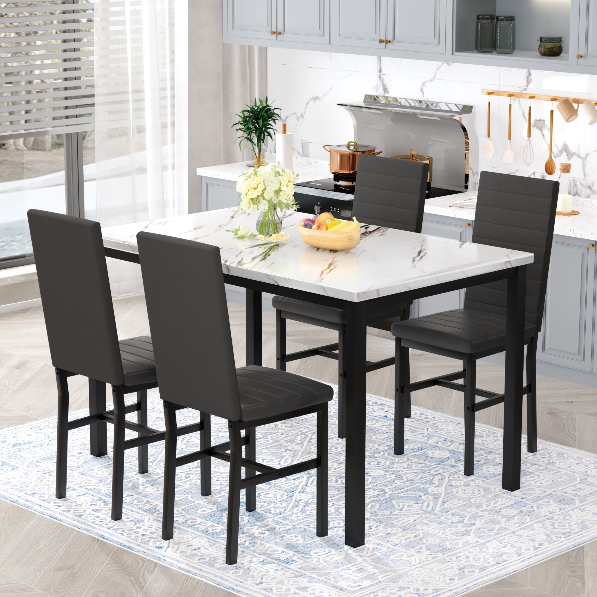 AWQM 5 Piece Dining Table Set, Faux Marble Kitchen Table and Chairs for 4, Dining Room Table Set with 4 PU Leather Chairs, White