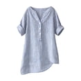 thumbnail image 6 of CQONEPT Plus Size Linen Shirts for Women Cotton Striped Henley Neck Button Up Tops Summer Short Sleeve Loose Fit Tunic Blouse Tops Sky Blue XL, 6 of 7