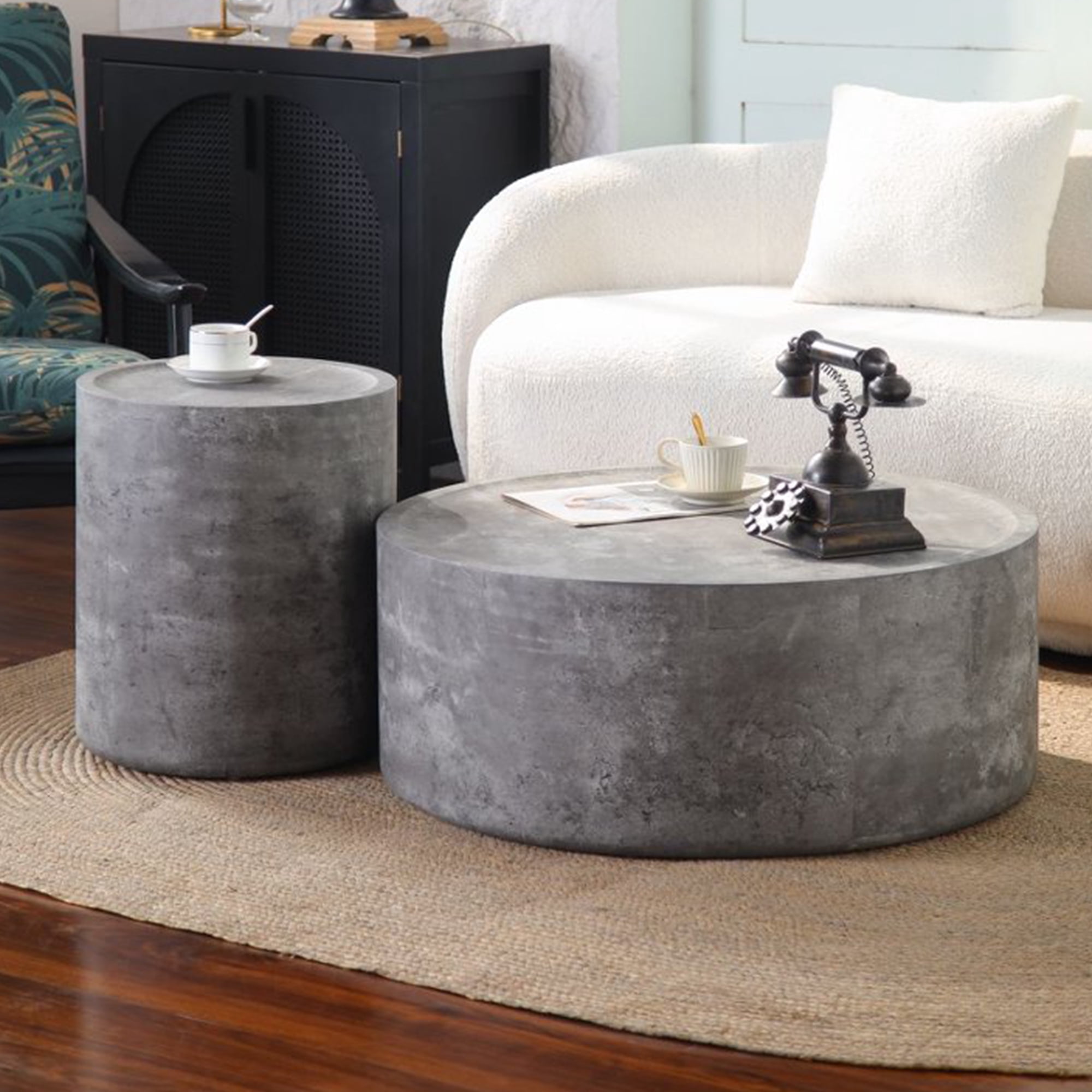 Leumius Round Coffee Table with Faux Concrete Finish, Modern Drum Circle Coffee Table for Living Room Bedroom, No Need Assembly Gray 2