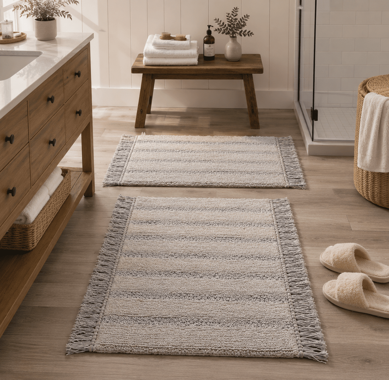 Safavieh Finn Modern Striped Steel Gray Cotton Bath Rug, 1'-8" x 2'-8" (Set of 2)