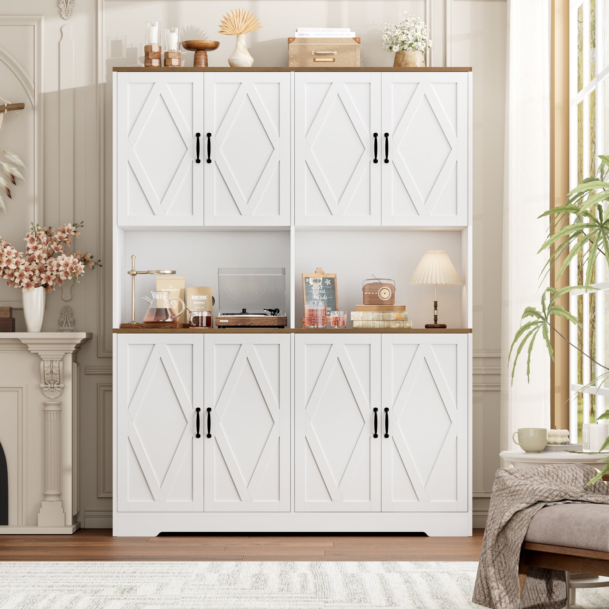 Homfa 71'' Tall Pantry Cabinet with Hutch, Large Kitchen Storage Cabinet with Microwave Stand & Doors for Dining Room Living Room, White