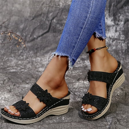 

Women Slope Platform Slippers Vintage Casual Sandals Flower Decor Slide Shoes