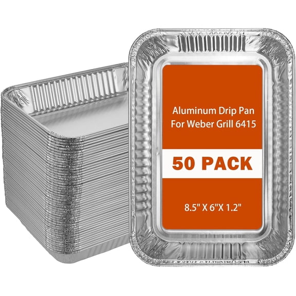 50 Pack Grill Drip Pans Compatible Weber 6415 - Grill Accessories for Weber Spirit, Genesis, Traveler, Q Series, Disposable Aluminum Foil Grease Tray Liners 8.5" X 6" (50 Pack)