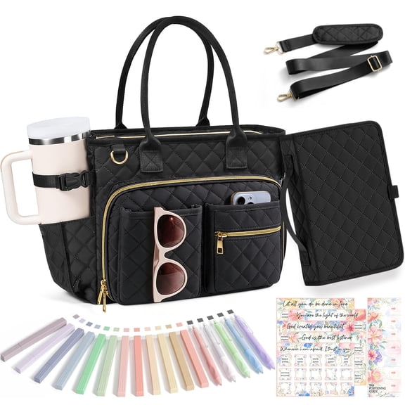 Large Bible Tote Bags with Bible Cover Case for Women, Quilted Carrying Case with Handles Shoulder Strap, Bible Study Supplies Accessories Christian Gifts for Women (Black)