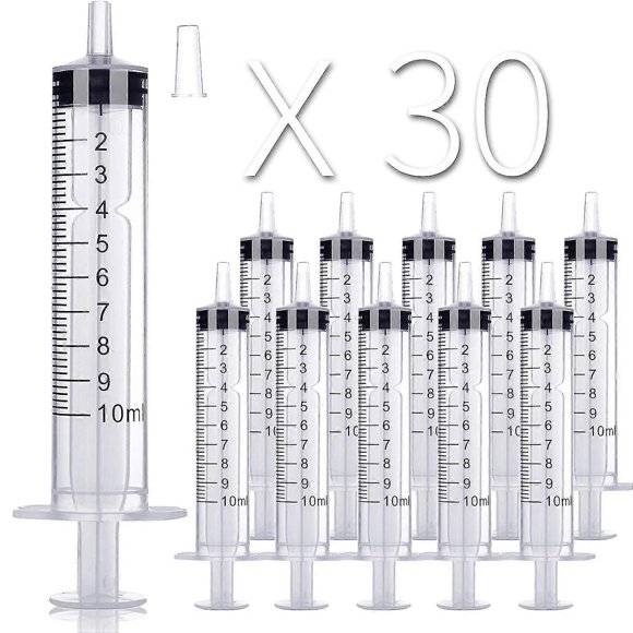 Jeringa pequeña de plástico de 30 piezas de 10 ml con tapa y envuelta individualmente para uso oral.