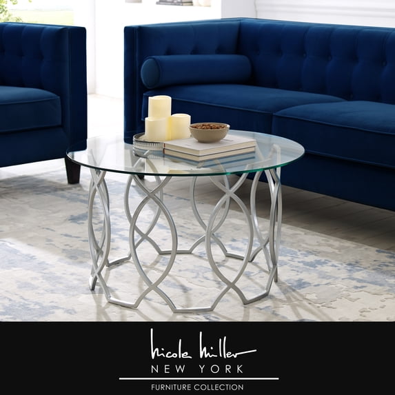 Nicole Miller Margie Coffee Table Clear Glass Round Top Sturdy Metal Frame Elegant Look, Silver