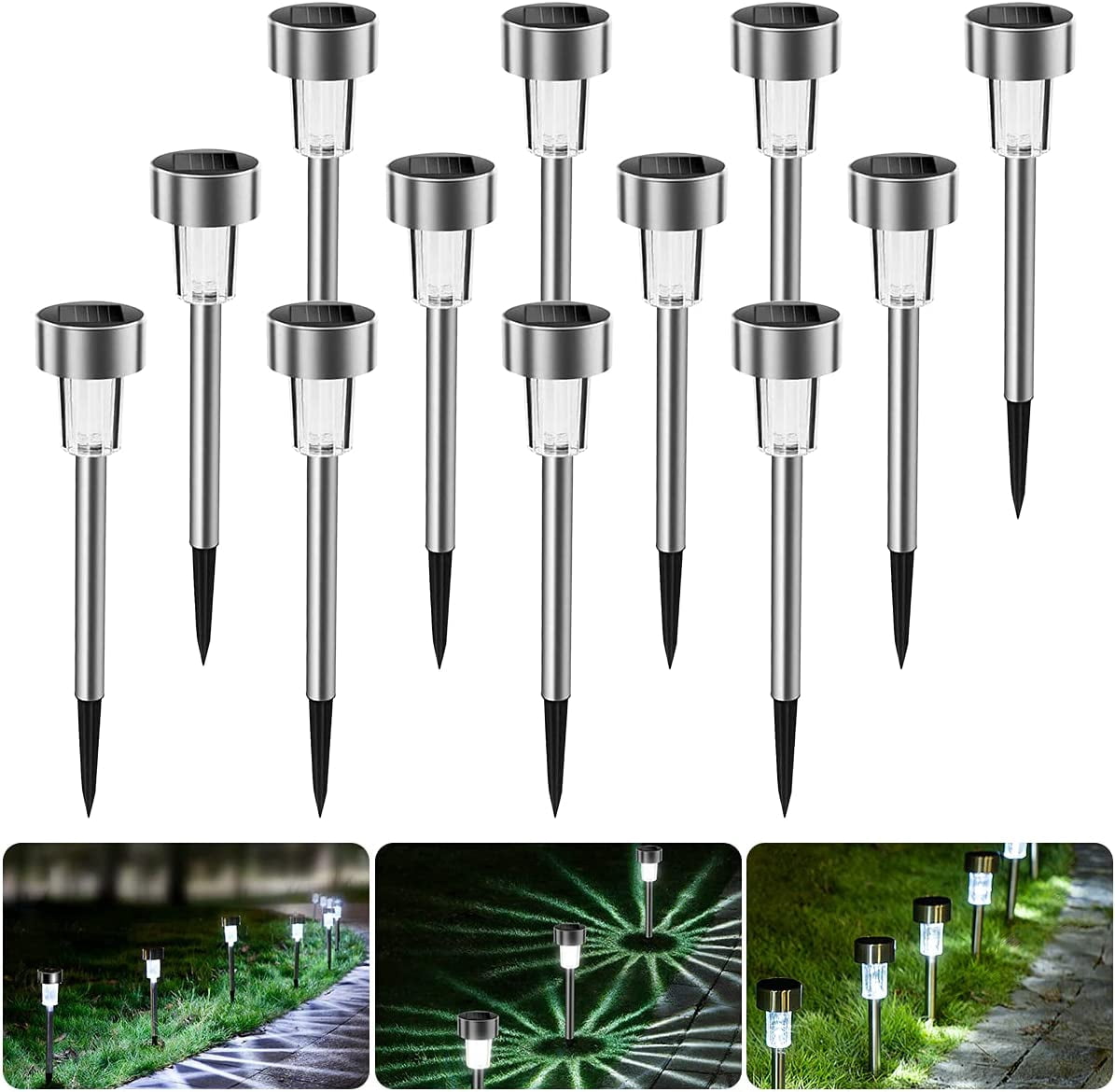 Solar Garden Lights Set of 12 Waterproof Stainless Steel LED Outdoor Garden Lights Outdoor Lighting for Patio, Lawn and Paths (White Light 55-600HA)