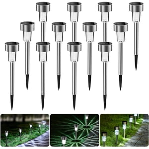Solar Garden Lights Set of 12 Waterproof Stainless Steel LED Outdoor Garden Lights Outdoor Lighting for Patio, Lawn and Paths (White Light 55-600HA)
